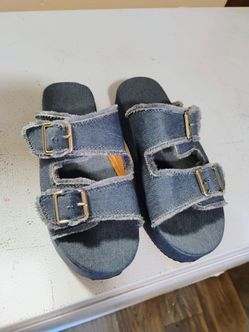 Denim Double Buckle Slide Sandals