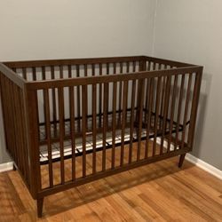 Walnut Wood Baby Crib Bed With Mattress