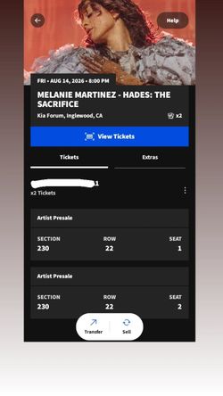 2 tickets for Melanie Martinez: Hades The Sacrifice Tour on 7/14/2026