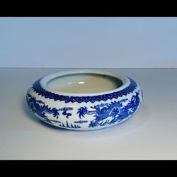 Vintage Chinese Blue & White Porcelain Bowl Dragon Motif - marked Qian