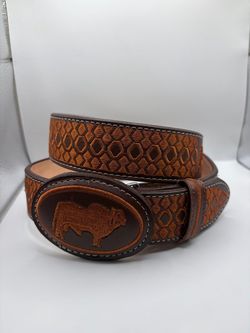Size 32 Brown Leather Western Belt with Bull Buckle