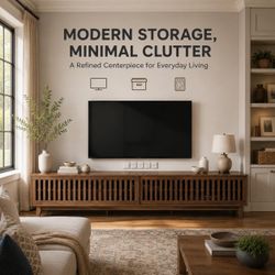 94.5 in TV Stand with Sliding Doors, Open Shelves, Walnut Sliding slatted-door storage, open display shelves, raised legs, 94.5 in width, and hig