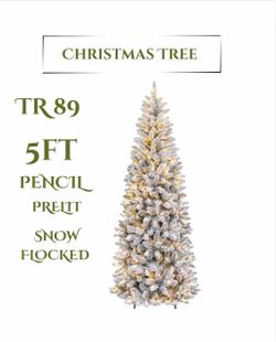 π 5Ft Prelit Snow Flocked Artificial Pencil Christmas Tree with Warm White Lights, Full Branch Tips, Perfect Choice Decoration for Xmas Holiday(TR89)