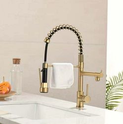 New! Golden Commerical Kitchen Faucet With Pull Down Sprayer, Champaign Golden Single Handle 2 Spout Spring Kitchen Sink Faucet With Lock