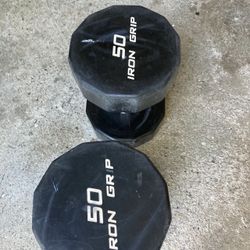 Pair Of 50 Lb Iron Grip Urethane Dumbbells