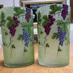 A Set Of 8 Inch Tall, Handpainted Glass Cylinder With Tea Lights