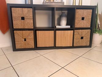 Black Cube Storage Shelf with Wicker Baskets