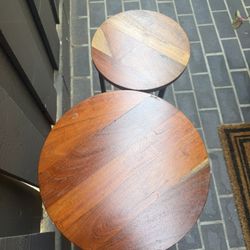 Pair (2) Of Round Wood-On-Metal Nesting End/Side Tables