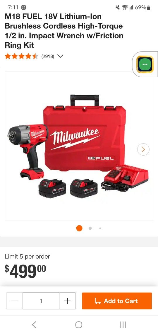 Milwaukee FUEL m18 1/2 in. Impact Wrench Kit w/ two 5.0Ah batteries,case,charger 2967-22