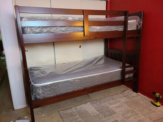 Brand new twin twin cherry color wood bunk bed with both mattresses