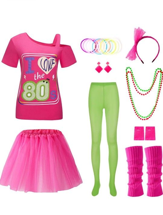 80s Costumes for  Kids, Halloween Costumes Set with Accessories Tutu, 1980s Rock Star Outfit for Girls