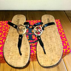 NEW Michael Kors MK Cork Sandals T strap slide Black Gold Size 8