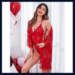 2 Piece Set Lace Kimono Robe With Lace Teddy