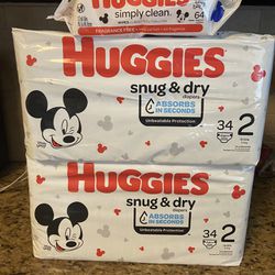 Set of 2 huggies SIZE 2 diapers•34ct• w 1 pack wipes 64ct•all for $20
