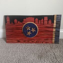 Handmade Wooden Nashville Skyline + Tennessee Flag Wall Art – Rustic Tristar Decor
