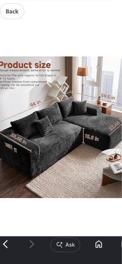 Black Corduroy L-Shaped Sectional Sofa