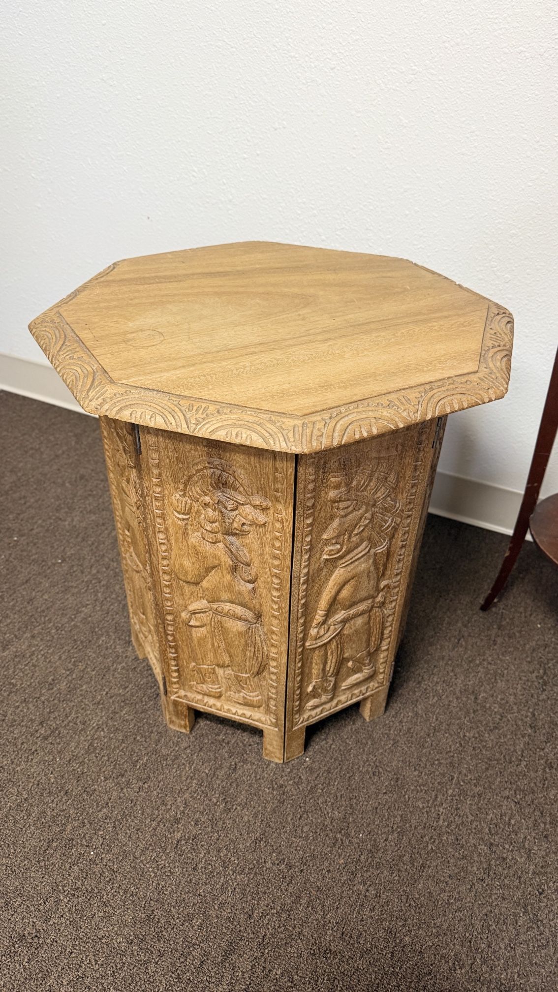 Hand Carved Teak Table Anglo Indian Tribal Aztec Style 24” Folds Wood Carved Table