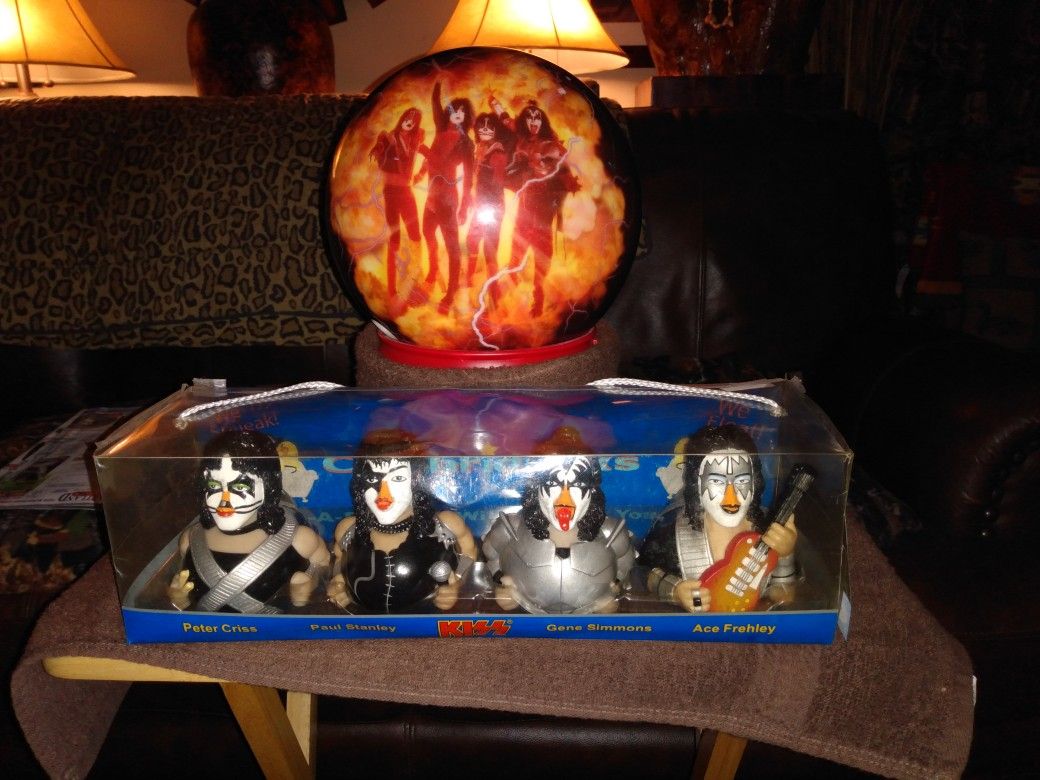 One Of A Kind Kiss Bowling Ball With Two Different Photos On Each Side And Kiss Squeaky Ducks Called Celebrate Ducks Gene Simmons Ace Freely Paul Stan