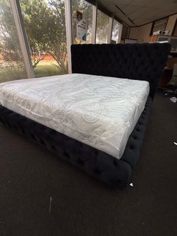 Black Velvet Tufted Upholstered Bed Frame + king mattress