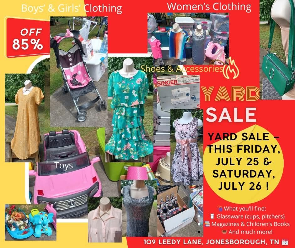 YARD SALE โ This Friday & Saturday!
๐ 109 Leedy Lane, Jonesborough, TN ๐
Friday, July 25 & Saturday, July 26