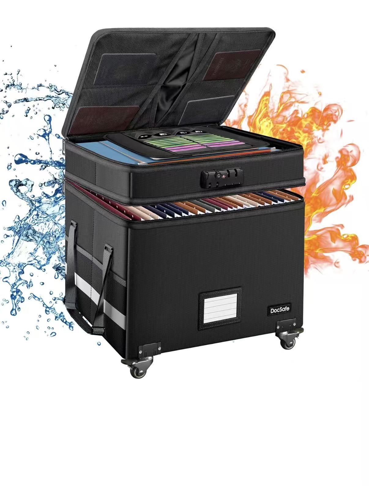 Fireproof Document Box with Lock,2-Layer File Box with Wheels,Collapsible File Storage Organizer with Pockets,Large Portable Home Filing Cabinet for H