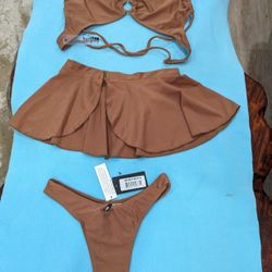 Forplay 3-pc Swimsuit Criss Cross Bikini Set O Ring Strappy Peplum Skirt Cheeky Bottoms  441403  