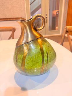 Mid 20th Century Brass Ornate Vase/Pitcher/Vessel Green Stained With Gold