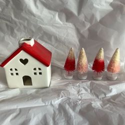 NEW RED CERAMIC HOUSE WITH ONE SET OF TREES