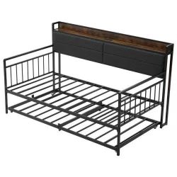 116]VEVOR Twin Size Daybed Frame, Day Bed with Trundle, Heavy Duty Metal Platform Bed Frame with Charging Station, Twin Daybed with Metal Slats Suppor