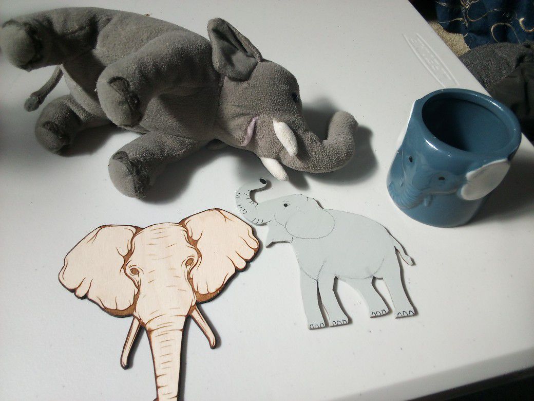 🐘🐘🐘🐘Elephant Collection  Two Handmade Wood Elephant With Cutouts The Other One Hand Painted Elephant Toy Stuffed Animal And An Elephant Cup