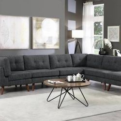Mid-Century Modern 6 Piece Sectional In Grey Linen-Like Fabric! SALE!
