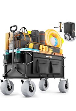 Large Wagon with Big Balloon Wheels for Sand, 240L Collapsible Wagon, 9x4 Wide Wheels, 450lbs Heavy Duty Beach Cart with Side Covers & Zipper Pockets,