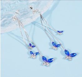 Blue Crystal Butterfly Dangle Earrings – Silver Tone Statement