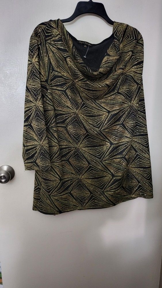 2X New Jet Black Gold Metalic Cowl Neck Print Top Tunic Blouse Glitter
