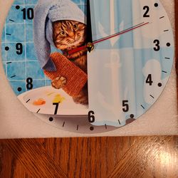 Funny Bathing Cat Wall Clock Silent Non Ticking Round Battery Operated Blue Desk Clock for Living Room Bedroom Bathroom Home Kitchen Decor