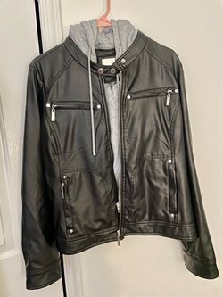 Black Faux Leather Moto Jacket with Hood