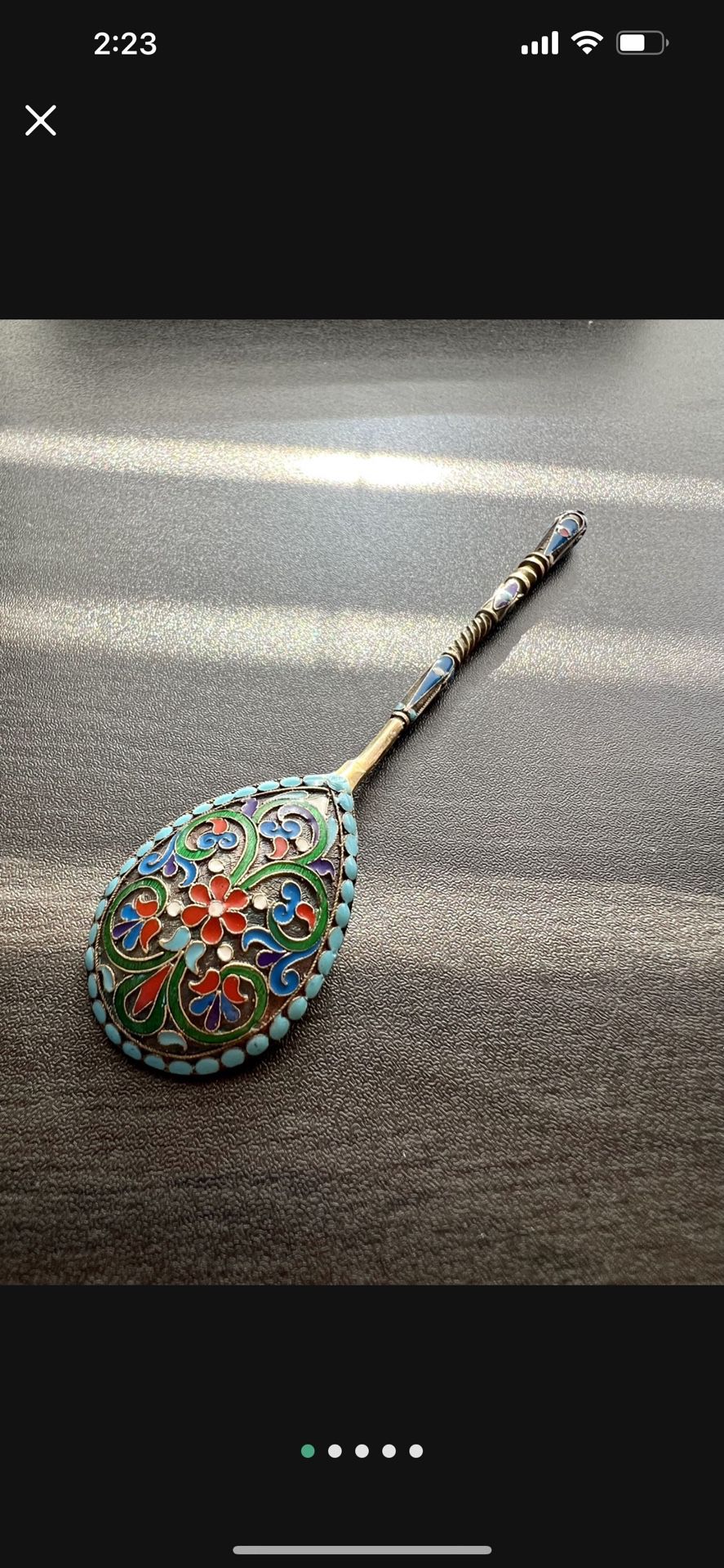 IMPERIAL RUSSIAN STERLING SILVER 84 JEWELED CLOISONNE ENAMEL 2 SPOON SET~ RARE ANTIQUE   EXCELLENT CONDITION 