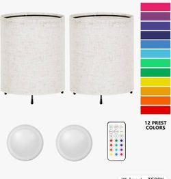 2-pack Minimalist Nightstand Lamps with Remote Metal Base Linen Shade RGB Color Changing Lamps for Bedroom