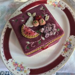 Vintage Velvet Fabric Fruit Jewelry Trinket Box jay stronwater style boho Shabbychic Victorian 
