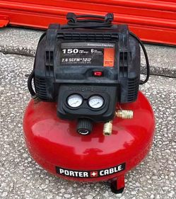 This is a Porter-Cable C2002 6-Gallon Pancake Compressor with a red tank and black housing