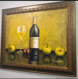 Wine bottle apple art painting oil