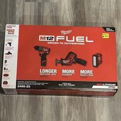 M12 FUEL 12-Volt Li-Ion Brushless Cordless Hammer Drill Combo Kit, Reciprocating Saw, Flood Light w/2 Batteries (3-Tool)