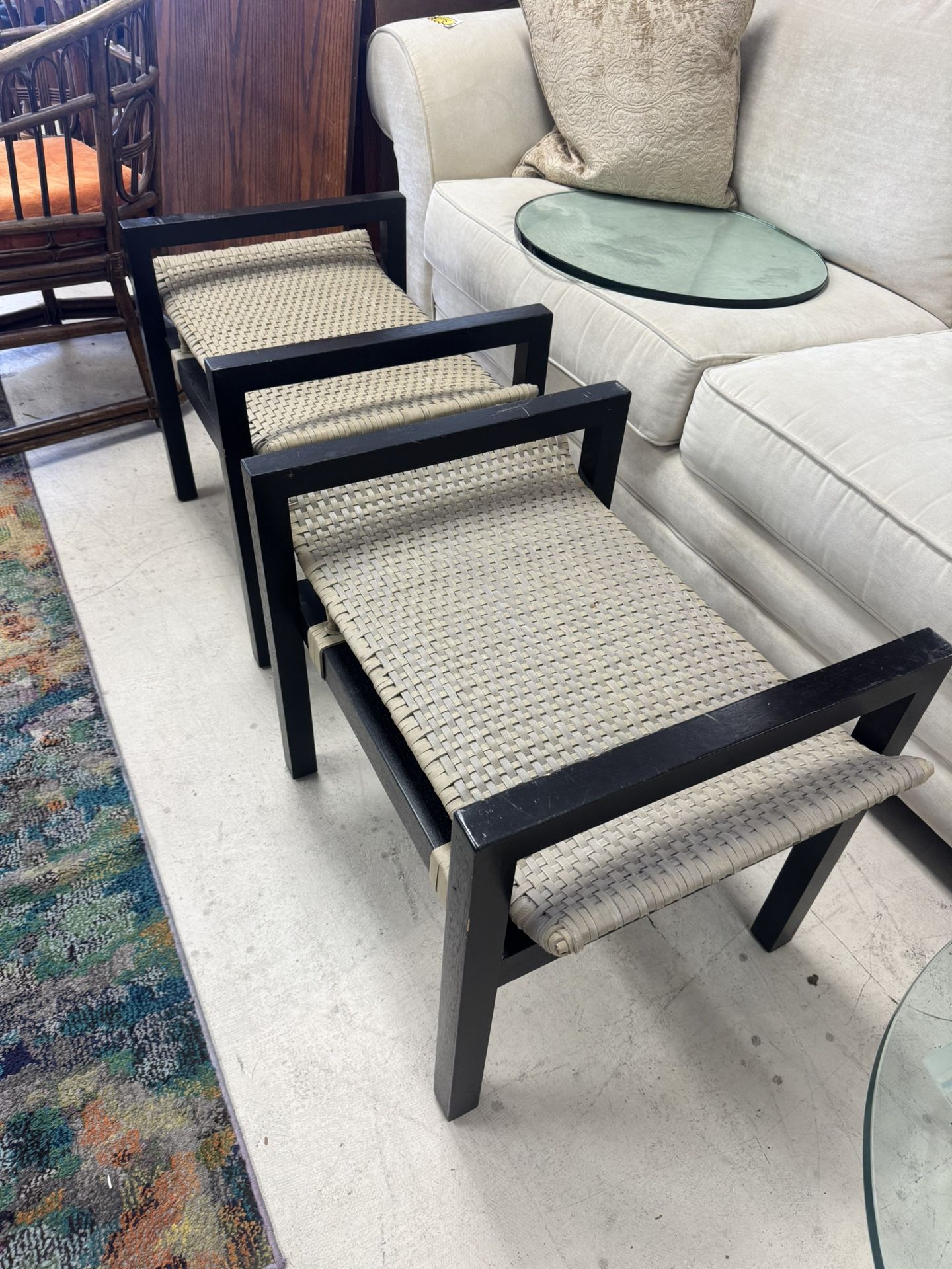 Pair of Debbie Palao black wooden bench with a woven seats - 26” x 20” - Originally $495