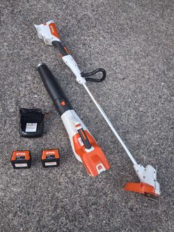 Stihl FSA57 Line Trimmer BGA60 Blower Two bats Charger. Almost new condition. Pick up fremont sea. No loo ball offers please. No trades.