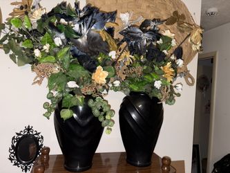 Large Matching Floral Arrangements in Black Vases – Set of 2 – $80