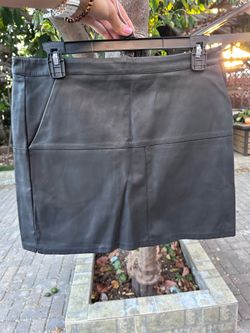 Sleek faux leather mini with panel seam details. Smooth finish and clean lines. Easy to style for day or night. Size L