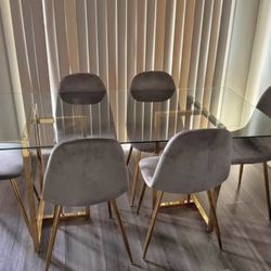 Gray Gold Modern Velvet Glass Dining Set For 6