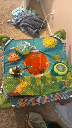 Bright Starts Pop 'N Jump Portable Baby Jumper, Foldable Indoor/Outdoor Baby Jumper with Owl Forest Sensory Activities, Ages 6–12 Months