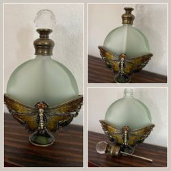 Vintage Fancy Butterfly Cloisonné Enamel with Ornate Brass and Gem Crystals Adorned  Perfume Bottle, Crystal Stopper Light Green Glass