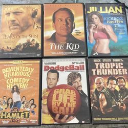 6 DVD Movie Lot Tropic Thunder Dodgeball Hamlet 2 Tears Of The Sun The Kid Jillian Michaels Kickbox Fastfix . All dvds are adult owned , no scratches 